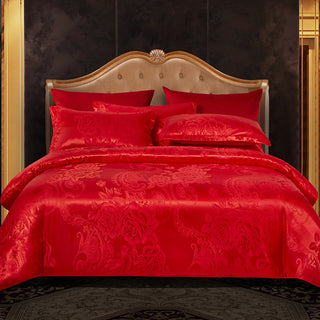 Buy scarlet European Light Luxury Wedding Satin Jacquard Four-piece Set