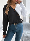 Casual V-neck Button Contrast Color Lantern Sleeve Pullover Sweater