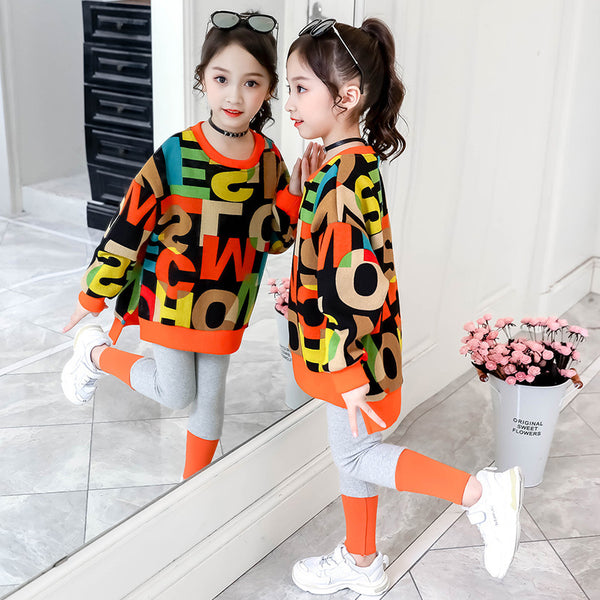 Little Girl Super Western Style Net Red Korean Fashion Sweater Trousers Two-Piece Suit