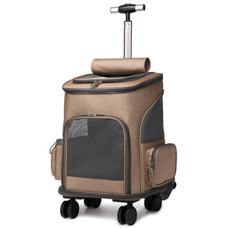 Buy khaki Portable Folding Trolley Pet Backpack Traveling Cat Backpack With Universal Wheel Trolley Pet Bag