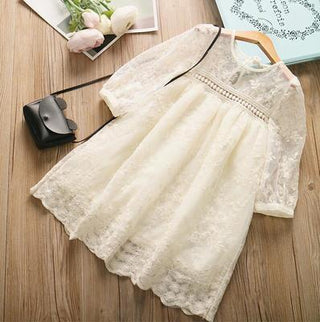 Girls round neckline hollow lace embroidered princess dress