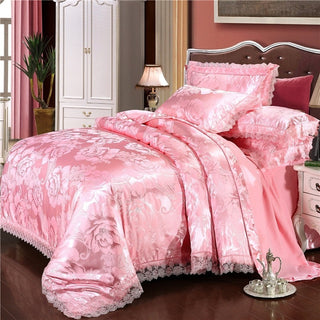 Buy pink Satin Jacquard Three-Piece Fitted Sheet Set Bedding Set