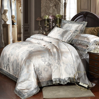 Buy grey Satin Jacquard Three-Piece Fitted Sheet Set Bedding Set