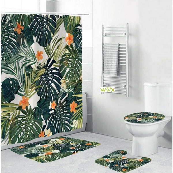 Shower Curtain Bath Mat Toilet Pad Set Anti-slip Toilet