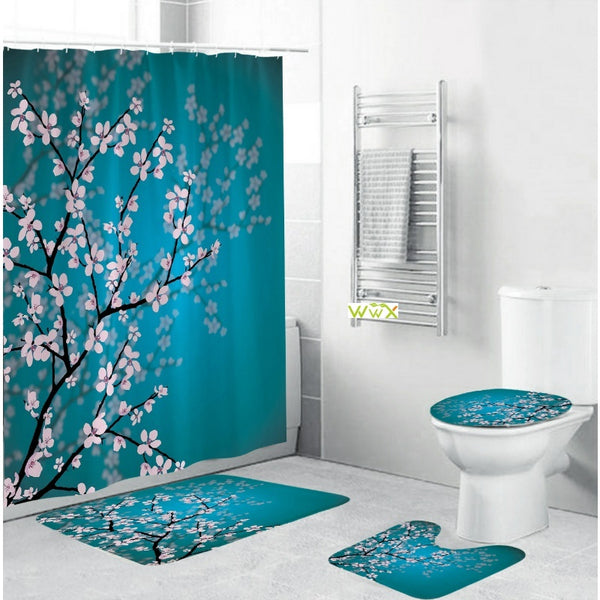 Shower Curtain Bath Mat Toilet Pad Set Anti-slip Toilet