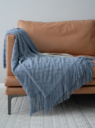 Buy grey-blue Jacquard Knitted Bed Tail Towel Autumn Winter Blanket