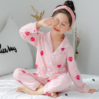 Buy pink-strawberry Children&#39;s Clothing Girls Cute Printing Long-sleeved Home Wear, Big Children&#39;s Thin Cotton Pajamas Set