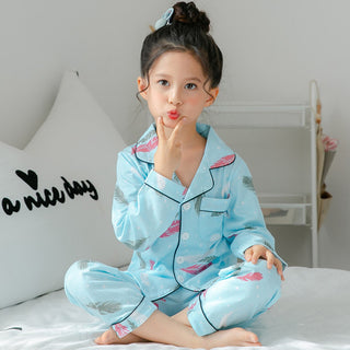 Buy blue-feather Children&#39;s Clothing Girls Cute Printing Long-sleeved Home Wear, Big Children&#39;s Thin Cotton Pajamas Set