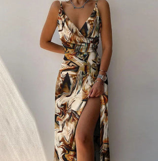 Buy brown-print Women V-neck Summer Fashion Slim Suspender Long Dress