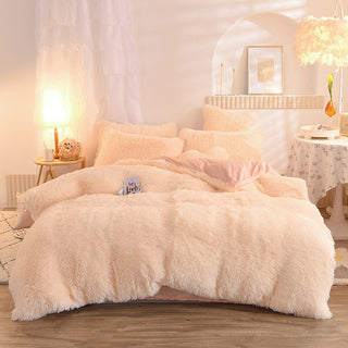 Buy beige Luxury Thick Fleece Duvet Cover Queen King Winter Warm Bed Quilt Cover Pillowcase Fluffy Plush Shaggy Bedclothes Bedding Set Winter Body Keep Warm