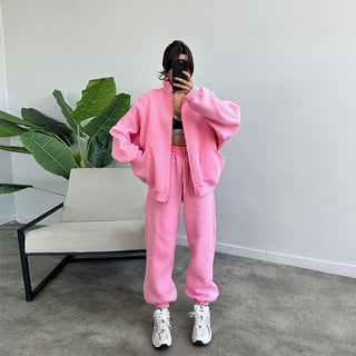 Buy pink Sports Suits With Pockets Stand-up Collar Zipper Cardigan And Drawstring Trousers Fashion Jogger Set Outfits Tracksuits Women&#39;s Clothing