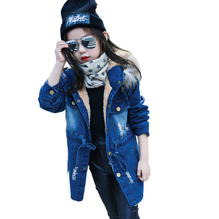 Buy blue Denim trench coat with velvet padded waist