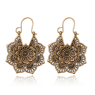 Buy gold Vintage ethnic style metal openwork floral flower earrings