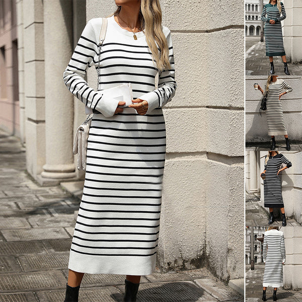 Slim Striped Printed Long Dress Fashion Autumn And Winter Long Sleeve Dresses