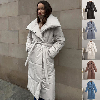 Fashion Large Lapel Long Coat Winter Warm Cotton Jacket With Pockets And Lace-up Design Casual Solid Color Thick Coat For Women