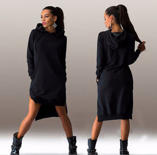 Buy black Women&#39;s Irregular Hooded Long Sleeve Dress Sweatshirt