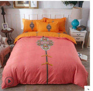 Buy orange Cotton cartoon active thickening sanding four-piece cotton wedding gift linen quilt cover bedding