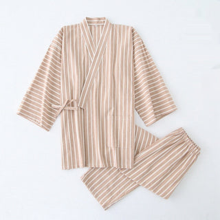 Buy mens-yellow-khaki-stripes Cotton Washed Pajamas Suit Thin Striped Men&#39;s And Women&#39;s Japanese Couple Kimono Trousers Homewear Suit