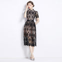 Temperament Waist-controlled Slimming Hollow Water-soluble Lace Long Dress