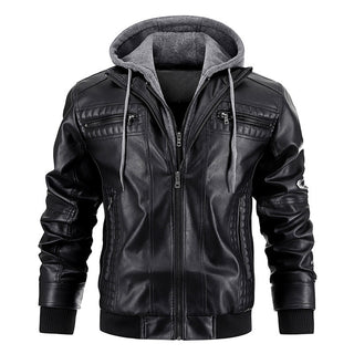 Buy black Hooded Jacket With Zipper Pockets Fashion Warm Pu Leather Coat