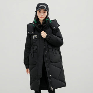 Buy black Detachable Hat Cotton Coat Over The Knee Padded Down Jacket