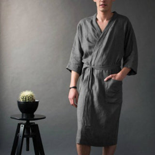 Buy gray Men&#39;s And Women&#39;s Long Solid Color Linen Pajamas Robe Bathrobe