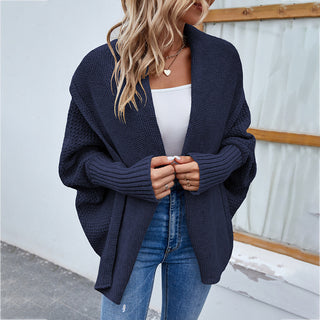 Buy navy-blue New Loose Knitted Sweater Solid Color Bat Sleeve Large Lapel Cardigan