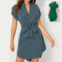 Women V-neck Short Sleeve Dress With Belt