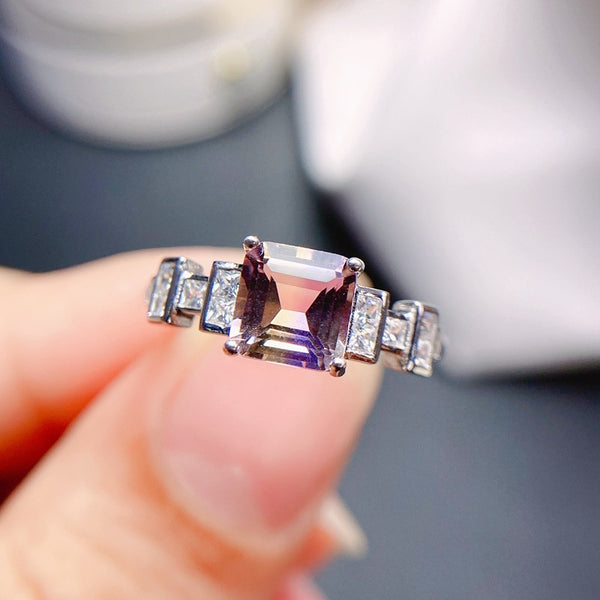 Natural Ametrine Ring Half Purple Half Yellow 925 Silver Open Mouth Design