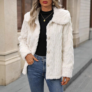 Buy ivory-white Double-sided Plush Large Lapel Casual Cardigan Coat Women