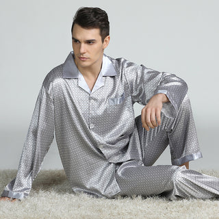 Buy silver-grey Men&#39;s Printed Silk Pajamas Spring And Summer Long-Sleeved Suit