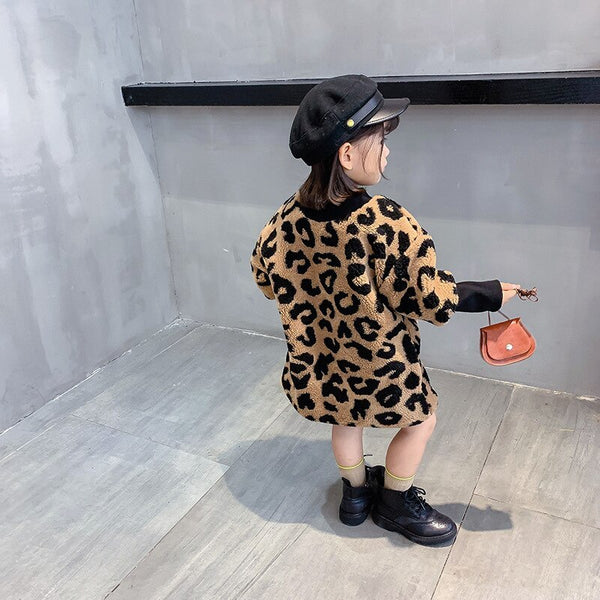 Autumn Winter New Arrival Girls Long Sleeve Leopard T Shirt Kids Warm Cashmere Long Style Tops