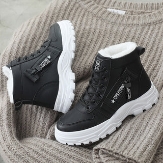 Buy black Fleece Lace-up Boots Winter Warm Short Plush High-top Shoes