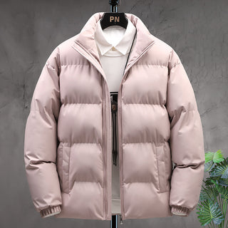 Buy pink Winter Stand-collar Cotton Coat Couple Casual Warm Plus Velvet Thicken Solid Color Jacket