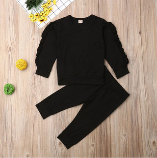 Buy black Newborn 2 Pcs Baby Boys Girls Ruffles Jumper Solid Long Sleeve Sweatshirt