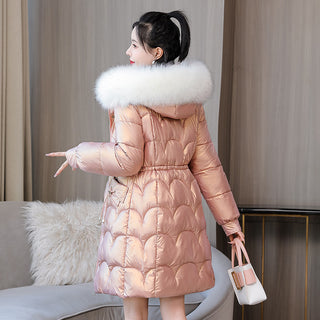 Buy 5168-pink Glossy Women&#39;s Mid-length Thickened Warm Slim-fit Figure Flattering Fur Collar Cotton Clothes