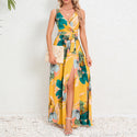 V-neck Floral Print Long Dress Summer Fashion Waist Tie Slit Design Sleeveless Dress