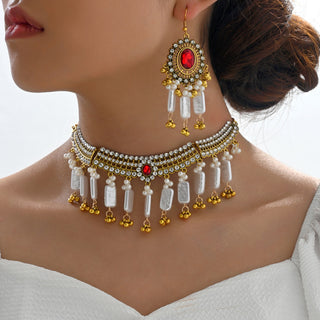 Buy n6579 Indian Ethnic Style Vintage Gemstone Beads Jewelry Earrings Necklace 2 Pieces Suit