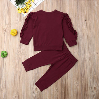 Buy wine-red Newborn 2 Pcs Baby Boys Girls Ruffles Jumper Solid Long Sleeve Sweatshirt