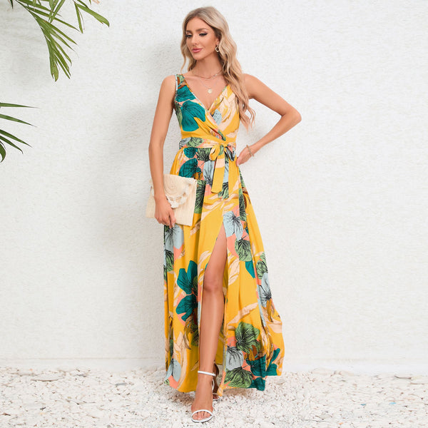 V-neck Floral Print Long Dress Summer Fashion Waist Tie Slit Design Sleeveless Dress