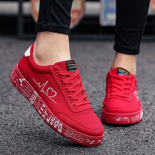 Buy red Women Love Print Canvas Lace-up Flats Shoes