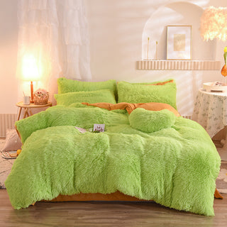 Buy green Luxury Thick Fleece Duvet Cover Queen King Winter Warm Bed Quilt Cover Pillowcase Fluffy Plush Shaggy Bedclothes Bedding Set Winter Body Keep Warm