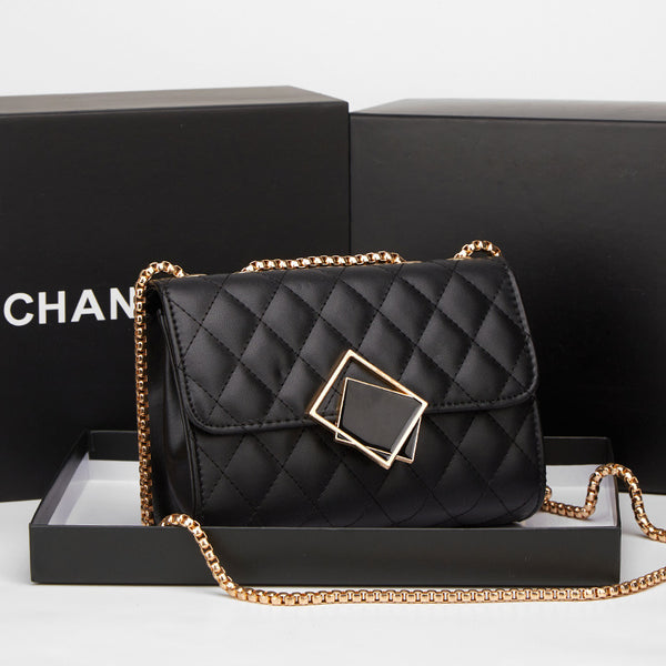 Women's Elegant Black Quilted Crossbody Bag with Gold Chain