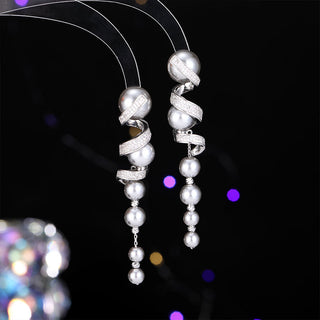 Inlaid Zircon Silver Needle Long Fringed Pearl Spiral Earrings