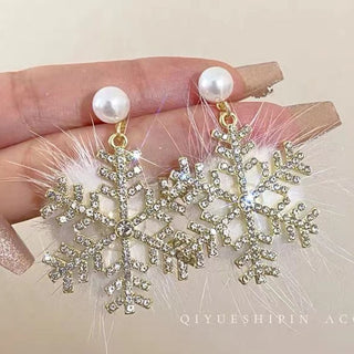 Christmas Snowflake Earrings Women's Full Diamond Pearl Plush Earrings