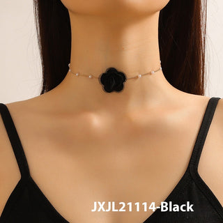 Buy black-flowers Vintage Chain Pearl Small Flower Necklace