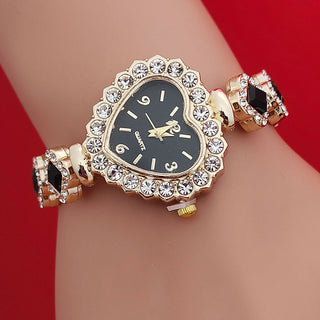 Buy black Fashion Diamond-embedded Love Heart-shaped Bracelet Watch Suit