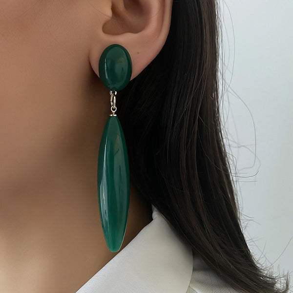 Silver Needle Vintage Emerald Drop-shaped Long Earrings