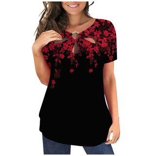 Buy red Casual Loose Printed Round Neck Short Sleeves