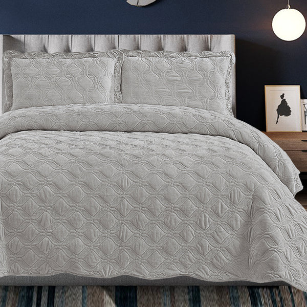 Velvet Embroidered Quilt Set - Light Grey